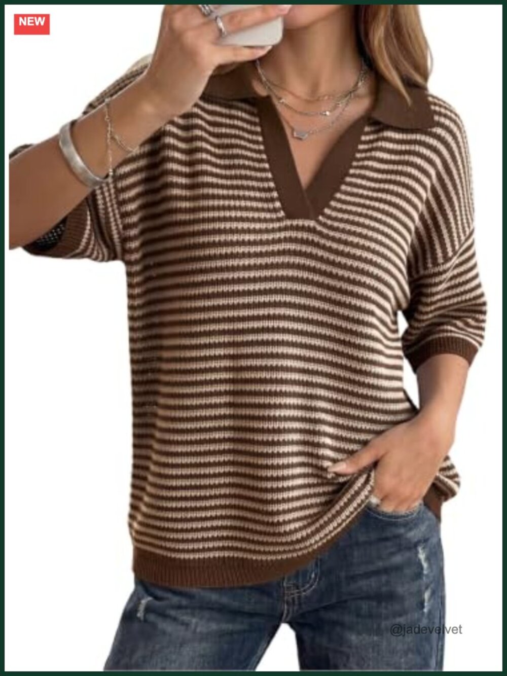 Women's Half Sleeve Striped Sweater Collared V Neck Knit Pullover Top